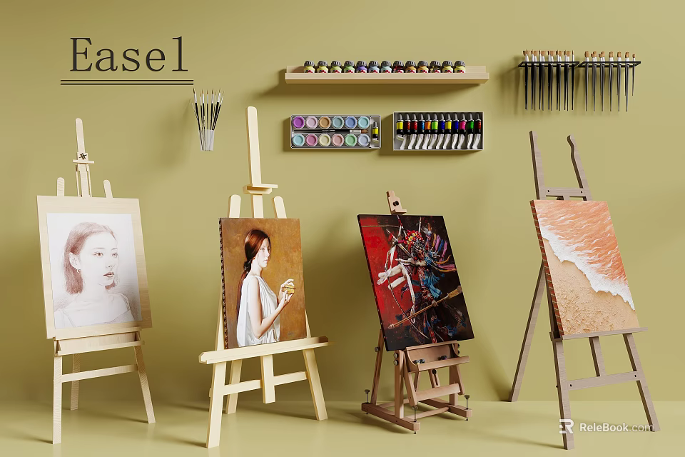 Art Supplies Display With Wooden Easels Paint Brushes Colorful Palettes And Canvas Paintings 3d model 