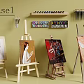 Art Supplies Display With Wooden Easels Paint Brushes Colorful Palettes And Canvas Paintings