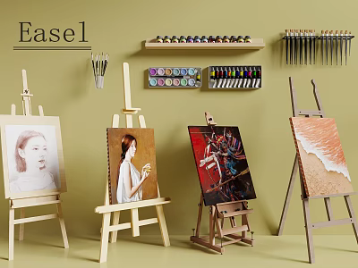Art Supplies Display With Wooden Easels Paint Brushes Colorful Palettes And Canvas Paintings 3d model