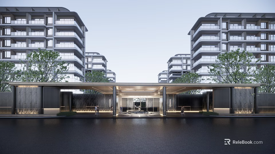 Modern Courtyard Garden with High Rise Residential Buildings Entrance Trees and Waterfront 3d model 