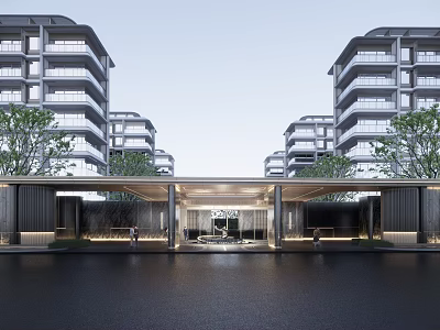 Modern Courtyard Garden with High Rise Residential Buildings Entrance Trees and Waterfront 3d model