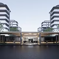 Modern Courtyard Garden with High Rise Residential Buildings Entrance Trees and Waterfront