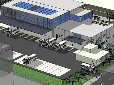 Bus Terminal Building With Solar Panels Glass Facade Bus Parking Area And Trees 3d model