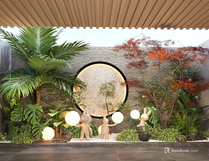 Indoor Landscape Design With Palm Tree Red Maple Round Stone Wall Decoration Rabbit Figurines And Round Lights 3d model 