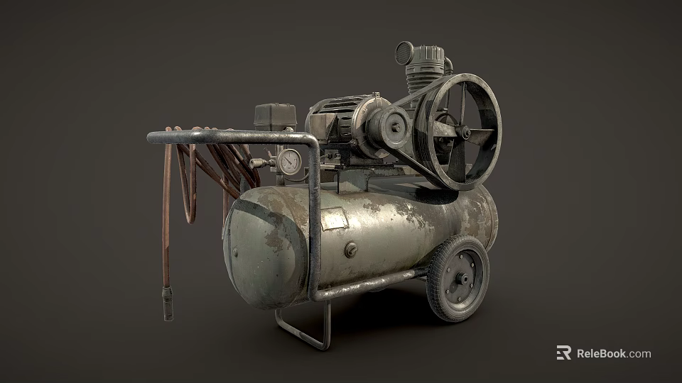 Vintage Industrial Air Compressor Equipment With Metal Frame Pressure Gauge And Wheels 3d model 