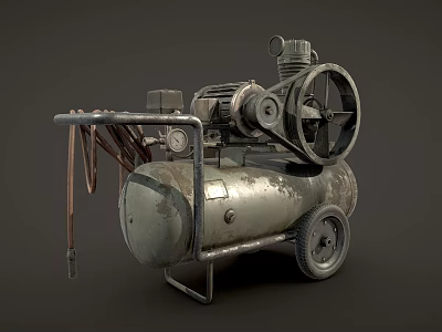 Vintage Industrial Air Compressor Equipment With Metal Frame Pressure Gauge And Wheels 3d model