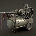 Vintage Industrial Air Compressor Equipment With Metal Frame Pressure Gauge And Wheels