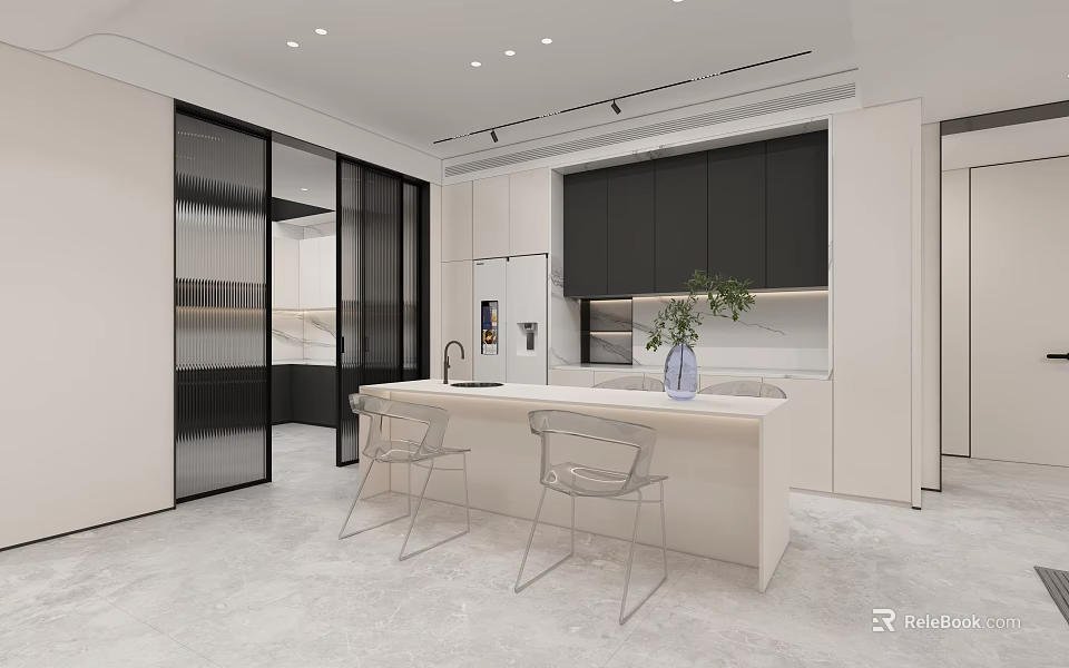 Modern Open Restaurant Interior With Simple Dining Table And Green Plants 3d model