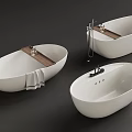 Modern White Freestanding Bathtub Design With Wooden Shelf Towel And Faucet
