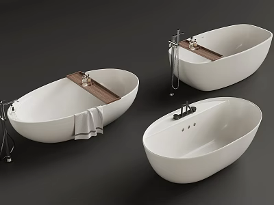 Modern White Freestanding Bathtub Design With Wooden Shelf Towel And Faucet 3d model