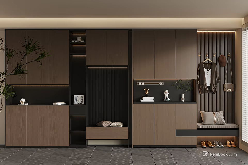 Modern Luxury Entryway with Shoe Cabinet Clothing Hanging Area Green Plant and Gray Floor Tiles 3d model 