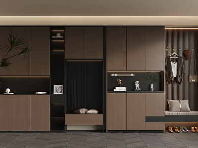 Modern Luxury Entryway with Shoe Cabinet Clothing Hanging Area Green Plant and Gray Floor Tiles 3d model