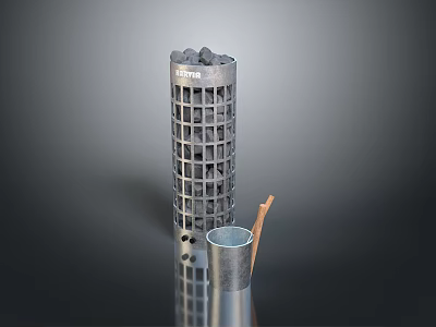 Black Stones Arranged in Metal Grid Column with Wooden Stick Inside Metal Tube 3d model