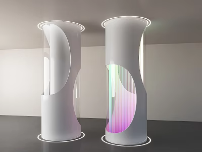 Pair of Modern Curved White Columns With Rainbow Light Streaks And Illuminated Base 3d model