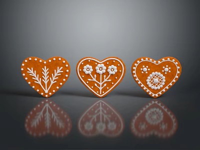 Heart Shaped Gingerbread Cookies Decorated With White Icing And Floral Patterns 3d model