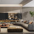 Modern Living Room Interior With Gray Sofas Fireplace TV Wall Wooden Elements And Coffee Table 3d model
