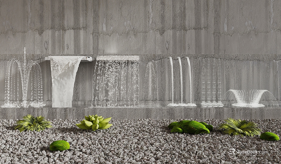 Stylish Garden Ornaments With White Cascading Water Gray Wall Pebbles And Green Plants 3d model 