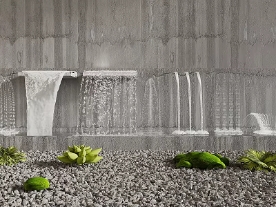 Stylish Garden Ornaments With White Cascading Water Gray Wall Pebbles And Green Plants 3d model