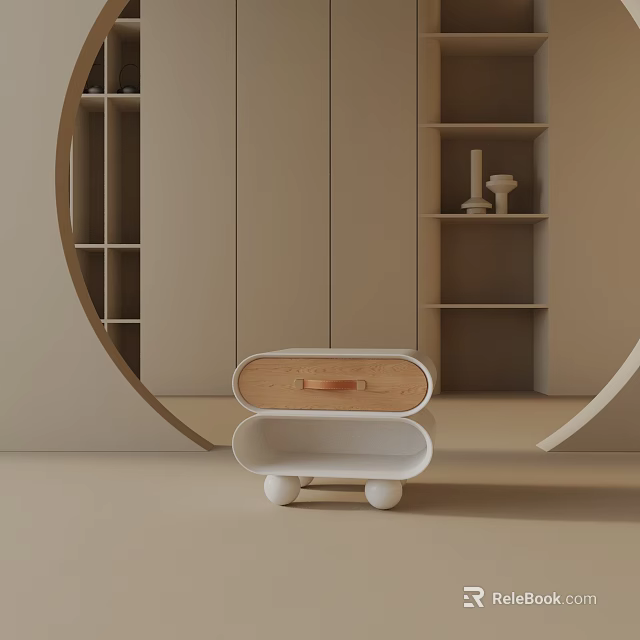 Modern Minimalist Bedside Table Design With White Body Wooden Drawer Panel And Spherical Support Legs 3d model 