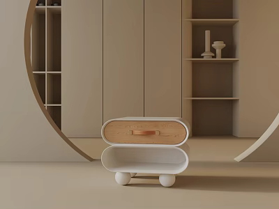 Modern Minimalist Bedside Table Design With White Body Wooden Drawer Panel And Spherical Support Legs 3d model