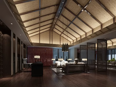 Chinese Style Lounge Area Interior With Wooden Ceiling Chandeliers And Dark Furniture Screens 3d model