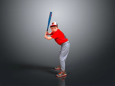 Man in Red Shirt Holding Baseball Bat in Hitting Stance Against Gray Background 3d model