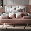 Modern Bedroom Interior With Striped Walls Headboard Pillows Bench And Geometric Rug
