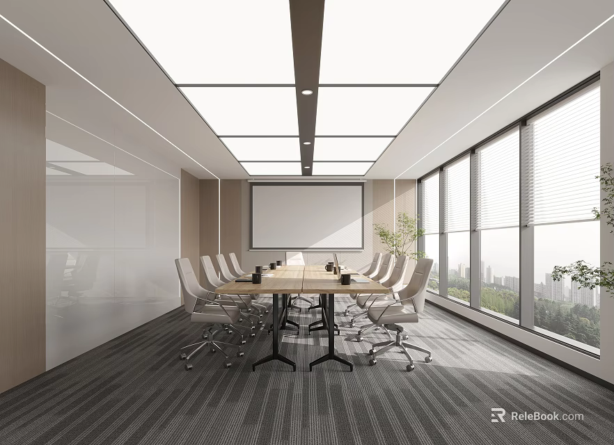 Modern Meeting Room Interior With Long Table Ergonomic Chairs Projection Screen And Large Windows 3d model 