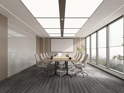 Modern Meeting Room Interior With Long Table Ergonomic Chairs Projection Screen And Large Windows 3d model