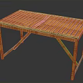 Modern Elegant Orange Wooden Table Featuring Slatted Top And Crossed Legs Design