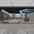Modern Office Reception Area with Large Windows Sofa Chair Geometric Carpet and Green Plants