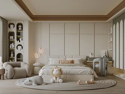 Kids Bedroom With Beige Walls White Arched Shelves PEACE Pillow Stuffed Toys Pendant Lights Rug 3d model