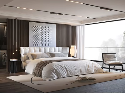 Modern Bedroom Interior With Upholstered Bed Wooden Accent Wall And Large Window View 3d model