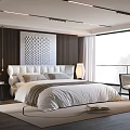 Modern Bedroom Interior With Upholstered Bed Wooden Accent Wall And Large Window View