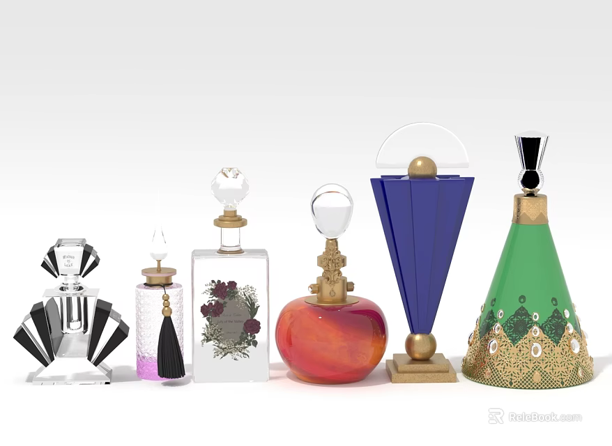Unique Decorative Perfume Bottles With Colorful Glass And Gold Accents Collection 3d model 