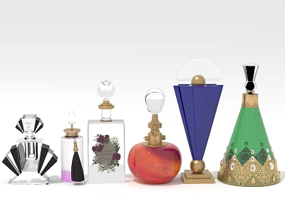 Unique Decorative Perfume Bottles With Colorful Glass And Gold Accents Collection 3d model