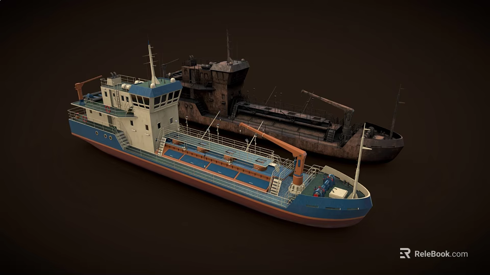 Two Ships Including New Blue White Vessel With Deck Pipes And Old Rusty Black Hull 3d model 