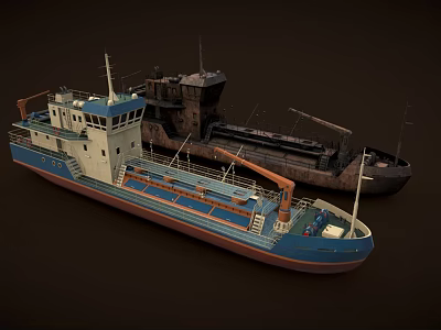 Two Ships Including New Blue White Vessel With Deck Pipes And Old Rusty Black Hull 3d model