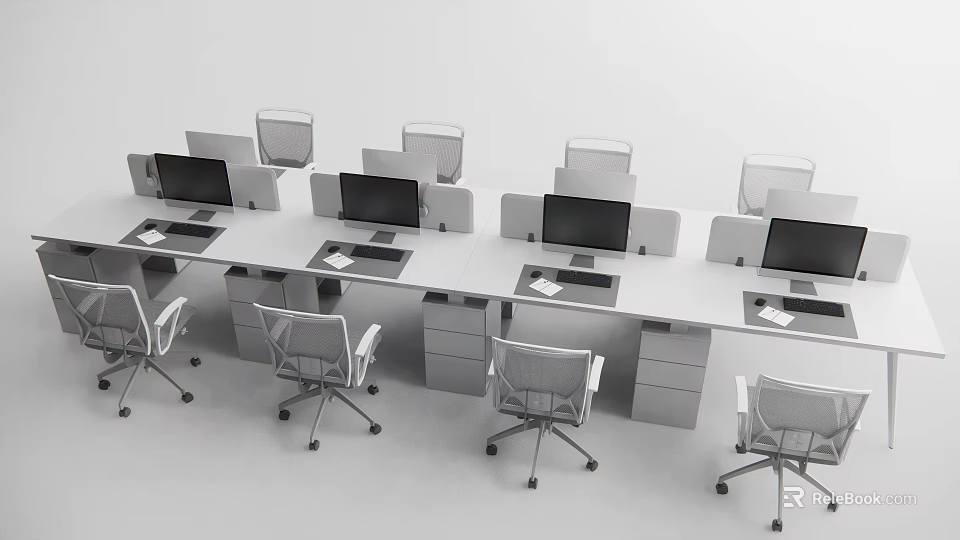 Office Workspace With Multiple Desks Computer Monitors Ergonomic Chairs And Drawer Cabinets 3d model
