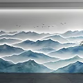 Modern Sofa Background Wall Design With Layered Blue Mountain Patterns And Flying Birds 3d model