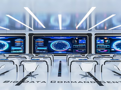 Advanced Big Data Monitoring Room Interior With Multiple Screens Control Consoles And Workstations 3d model