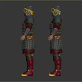 Two Armored Medieval Warrior Figures In Blue Red Armor With Golden Helmet And Ornate Belts