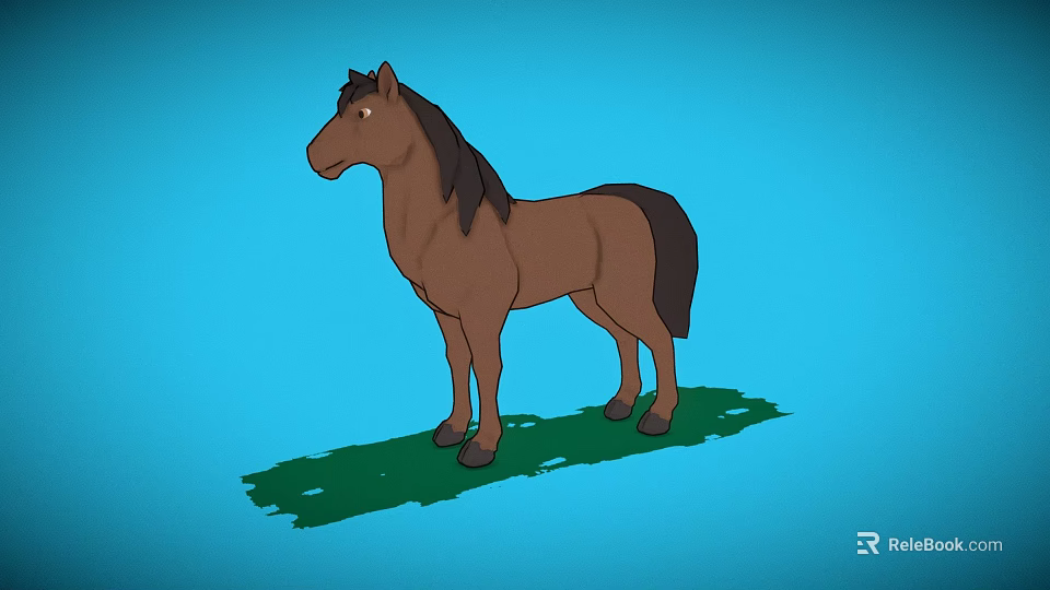 Cartoon Brown Horse Standing On Green Grass With Blue Sky Background 3d model 