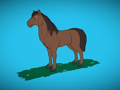 Cartoon Brown Horse Standing On Green Grass With Blue Sky Background 3d model