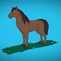 Cartoon Brown Horse Standing On Green Grass With Blue Sky Background