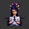 Game Movie Character With Purple Hair Horns White Shirt Purple Tie Red Eyes Crossed Arms