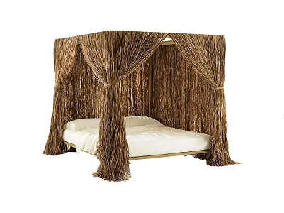 Natural Woven Canopy Double Bed With White Mattress And Curtain Design 3d model