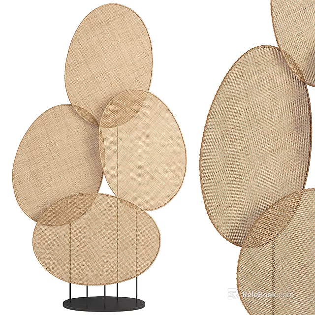 Modern Room Divider With Woven Rattan Oval Panels And Layered Design 3d model 