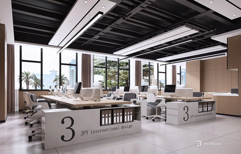 Modern Public Office Space With Desks Computers Office Chairs Large Windows And City View 3d model 
