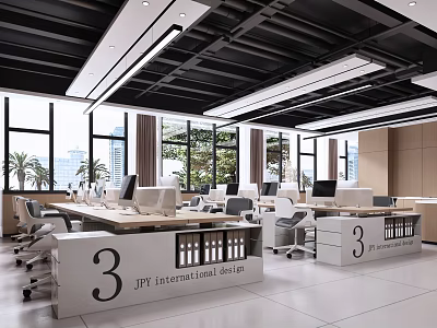 Modern Public Office Space With Desks Computers Office Chairs Large Windows And City View 3d model
